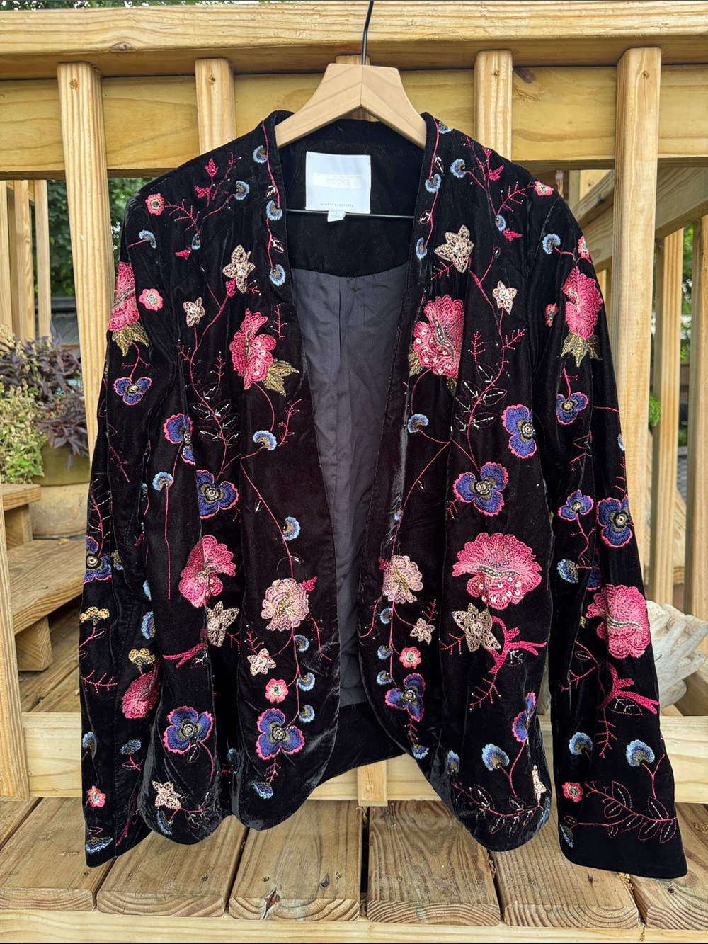 Anthropologie Black Velvet Blazer with Pink & Blue Floral Embroidery - Picture 2 of 6
